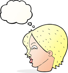 cartoon female face with thought bubble