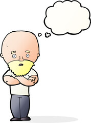 cartoon shocked bald man with beard with thought bubble