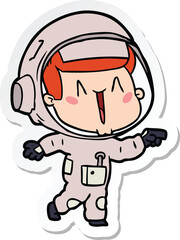 sticker of a happy cartoon astronaut pointing