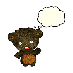 cartoon black bearcub waving with thought bubble