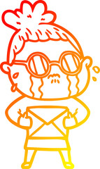 warm gradient line drawing cartoon crying woman wearing spectacles