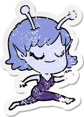 distressed sticker of a smiling alien girl cartoon running