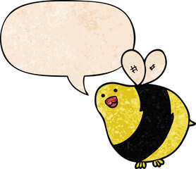 cartoon bee and speech bubble in retro texture style