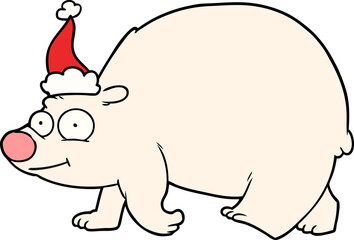 line drawing of a walking polar bear wearing santa hat