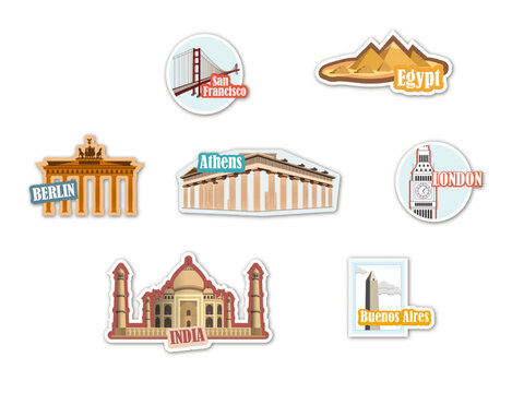 Various vector labels with famous monuments and places of the world.