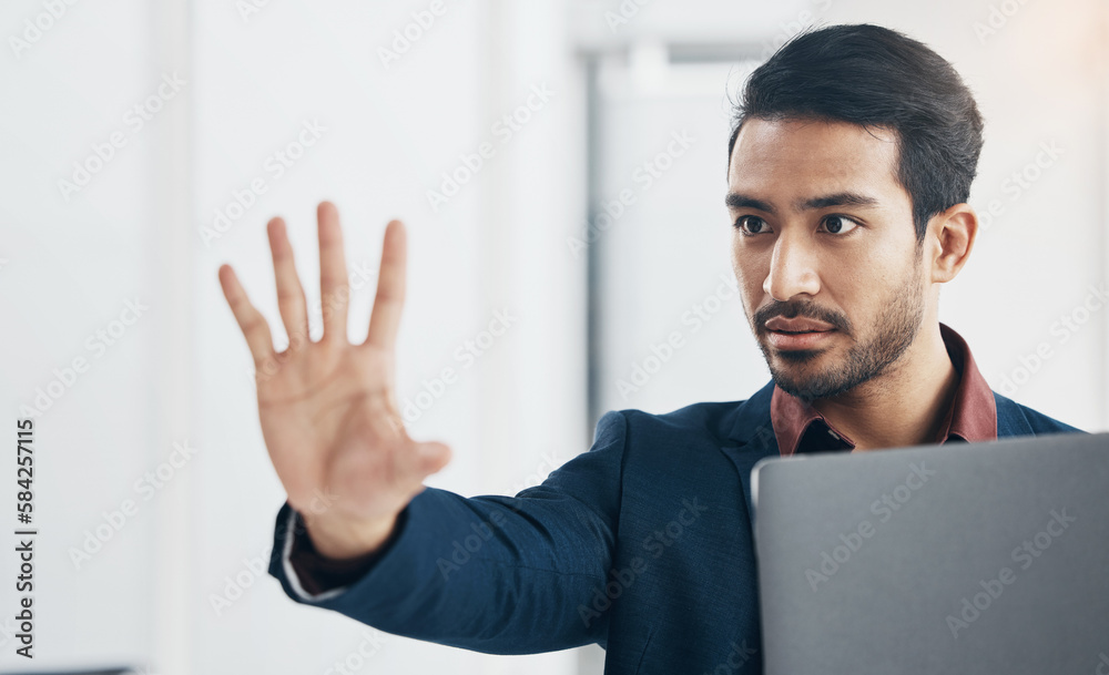 Poster Virtual hud, gesture and business man touch architect engineering design, cyber UI or digital transformation. AI system development, IOT dashboard and palm of agent working on architecture innovation