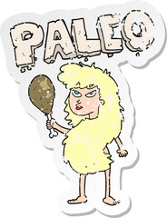 retro distressed sticker of a cartoon woman on paleo diet