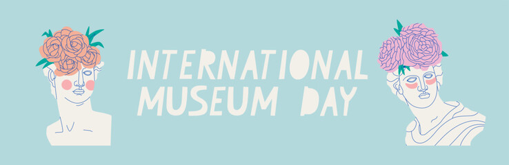 Web banner International Museum Day. Ancient Greek antique sculptures with flowers on their heads.