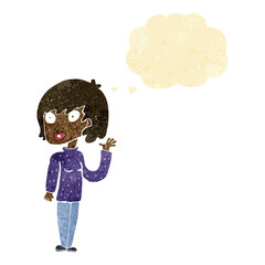 cartoon waving woman with thought bubble