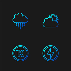 Set line Lightning bolt, Kelvin, Cloud with rain and Sun and cloud weather. Gradient color icons. Vector