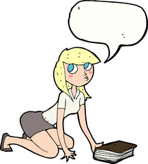 cartoon girl picking up book with speech bubble