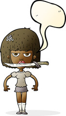 cartoon woman with knife between teeth with speech bubble