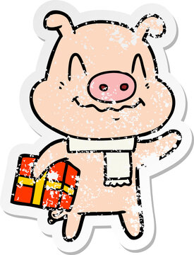 distressed sticker of a nervous cartoon pig with present