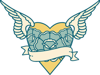 tattoo style icon of a heart with wings flowers and banner