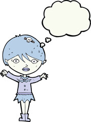 cartoon waving vampire girl with thought bubble