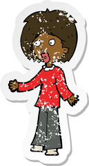 retro distressed sticker of a cartoon surprised woman