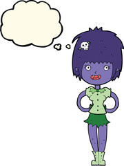 cartoon happy vampire girl with thought bubble