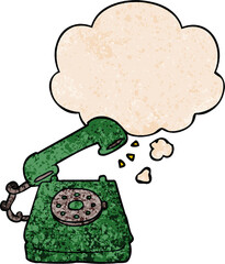 cartoon old telephone and thought bubble in grunge texture pattern style