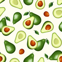 Seamless pattern with avocado fruit on a white background. Vector illustration