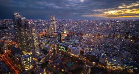 Fototapeta na wymiar Tokyo Japan skyline under a cloudy sky taken soon after sunset with buildings lit up