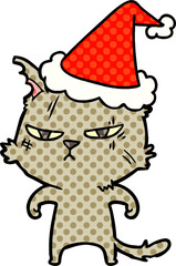 tough comic book style illustration of a cat wearing santa hat
