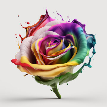 Abstract single picture of a rose flower splashed with multicolored paint. Generative AI.