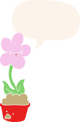 cute cartoon flower and speech bubble in retro style