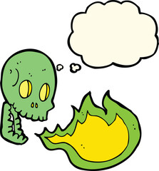 cartoon fire breathing skull with thought bubble