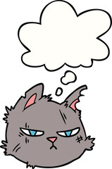 cartoon tough cat face and thought bubble