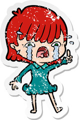 distressed sticker of a cartoon girl crying