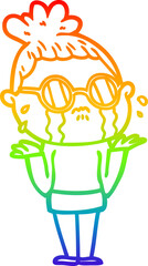 rainbow gradient line drawing cartoon crying woman wearing spectacles