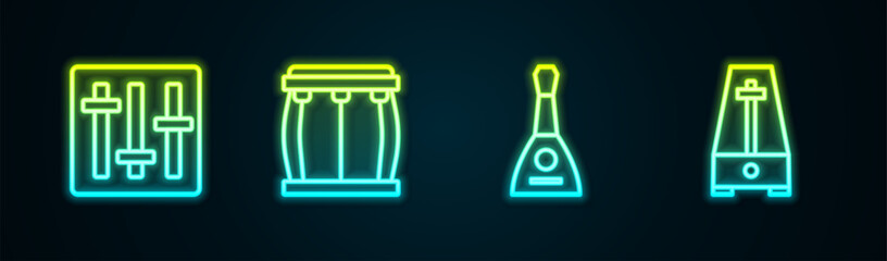 Set line Sound mixer controller, Drum, Balalaika and Metronome with pendulum. Glowing neon icon. Vector