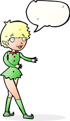 cartoon christmas elf woman with speech bubble