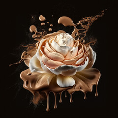 Abstract composition of a rose surrounded by splashes of coffee. Generative AI.