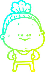 cold gradient line drawing cartoon happy old woman