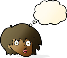 cartoon surprised female face with thought bubble