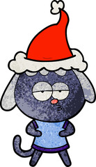 textured cartoon of a bored dog wearing santa hat