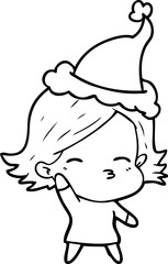 line drawing of a woman wearing santa hat