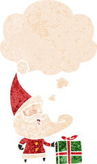 cartoon santa claus and thought bubble in retro textured style
