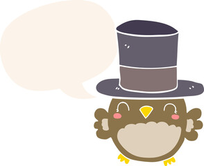 cartoon owl wearing top hat and speech bubble in retro style