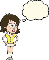 cartoon woman with hands on hips with thought bubble