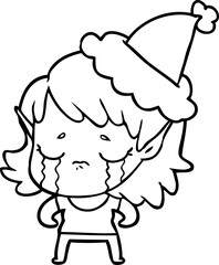 line drawing of a crying elf girl wearing santa hat