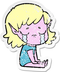 distressed sticker of a cartoon crying elf girl