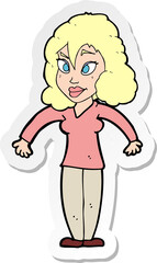 sticker of a cartoon woman shrugging shoulders