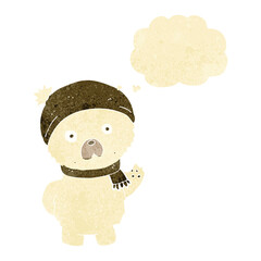 cartoon cute polar bear in winter hat and scarf with thought bubble