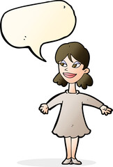 cartoon woman with open arms with speech bubble