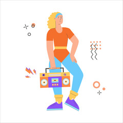 Woman doing boombox aerobic. Trendy 70s and 80s concept illustration. Retro sport outfit. Disco party. Workout, fitness. Vector illustration, isolated.