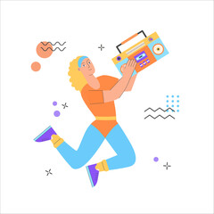 A poster with a woman doing boombox aerobic. Trendy 70s and 80s concept illustration. Retro sport outfit. Disco party. Old style fashion. Vector illustration, isolated.