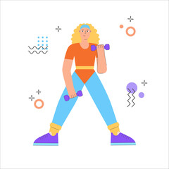 Woman with dumbbells in hands doing aerobic. Trendy 70s and 80s concept illustration. Retro sport outfit. Workout, fitness. Vector illustration, isolated.