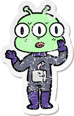 distressed sticker of a cartoon three eyed alien